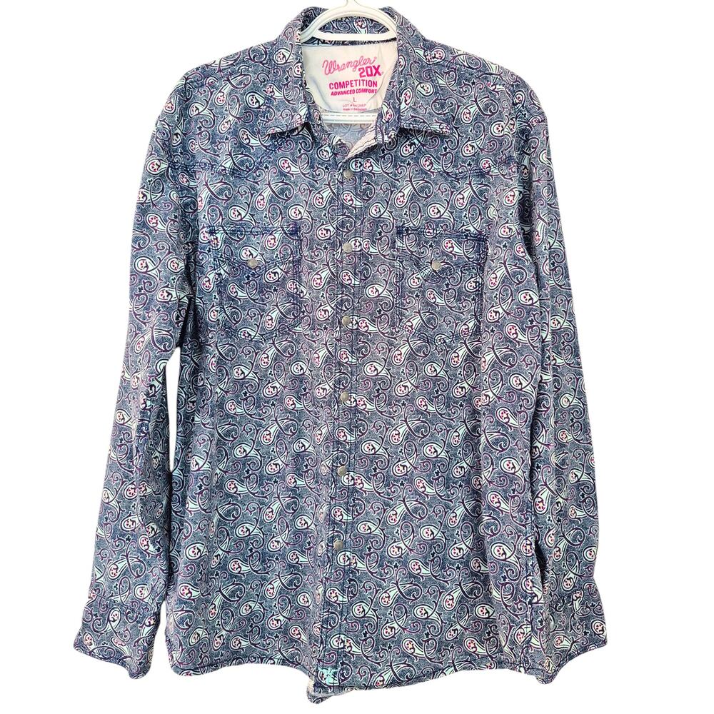 Wrangler Competition Womens L Western Shirt Long Sleeve Snap Cotton Blue Pink